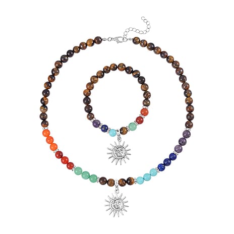 Set of 2 - Multi Gemstones 7 Chakras Sun Charm Necklace (Size - 18-2 Ext) & Stretchable Bracelet (Size - 7.5) in Silver Tone 297.50 Ct.