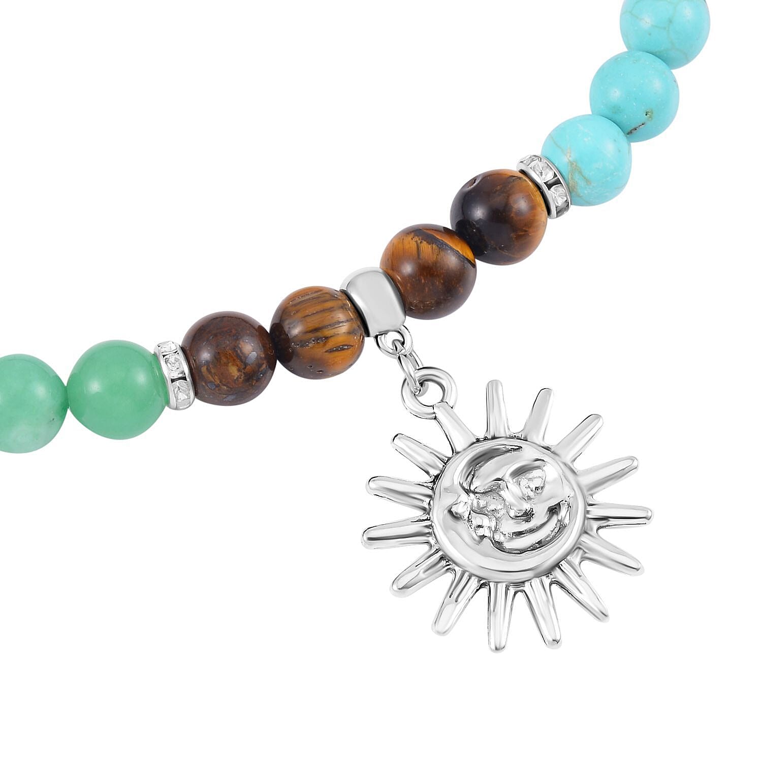 Set of 2 - Multi Gemstones 7 Chakras Sun Charm Necklace (Size - 18-2 Ext) & Stretchable Bracelet (Size - 7.5) in Silver Tone 297.50 Ct.