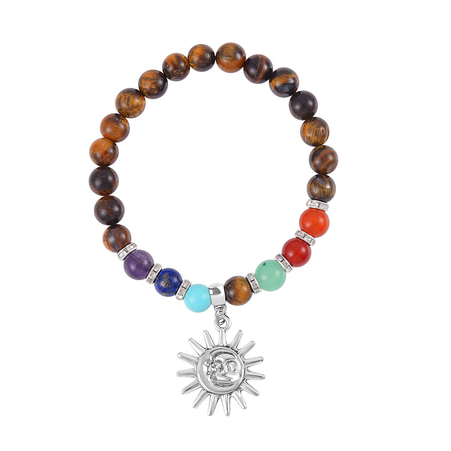Set of 2 - Multi Gemstones 7 Chakras Sun Charm Necklace (Size - 18-2 Ext) & Stretchable Bracelet (Size - 7.5) in Silver Tone 297.50 Ct.