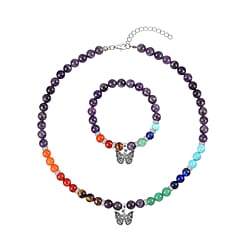 Set of 2 - Multi Gemstones 7 Chakras Elephant Motif Necklace (Size - 18-2 Ext) & Stretchable Bracelet (Size - 7.5) in Silver Tone 297.50 Ct.