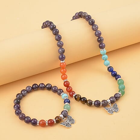 Set of 2 - Multi Gemstones 7 Chakras Butterfly Charm Necklace (Size - 18-2 Ext) & Stretchable Bracelet (Size - 7.5) in Silver Tone 297.50 Ct.