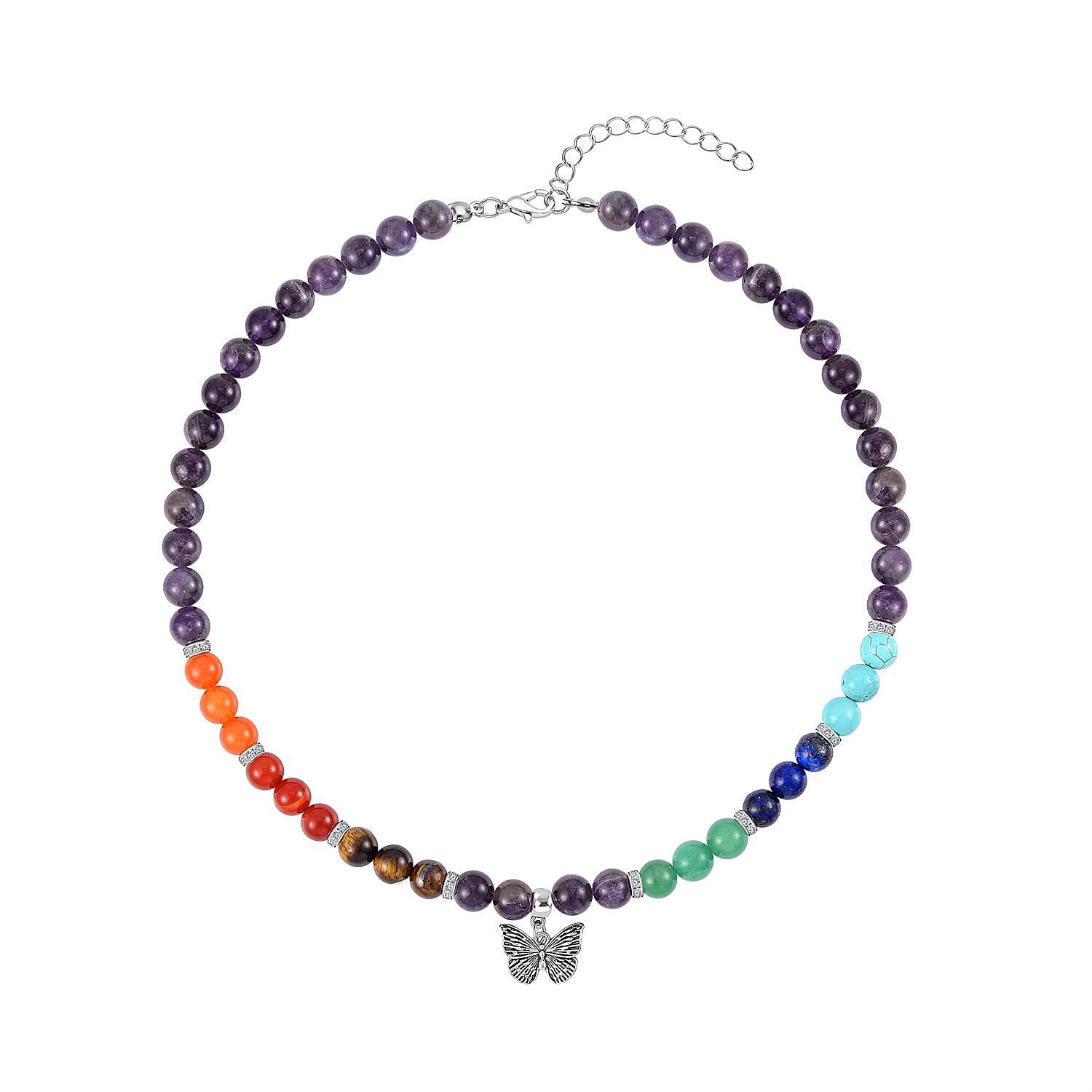 Set of 2 - Multi Gemstones 7 Chakras Butterfly Charm Necklace (Size - 18-2 Ext) & Stretchable Bracelet (Size - 7.5) in Silver Tone 297.50 Ct.
