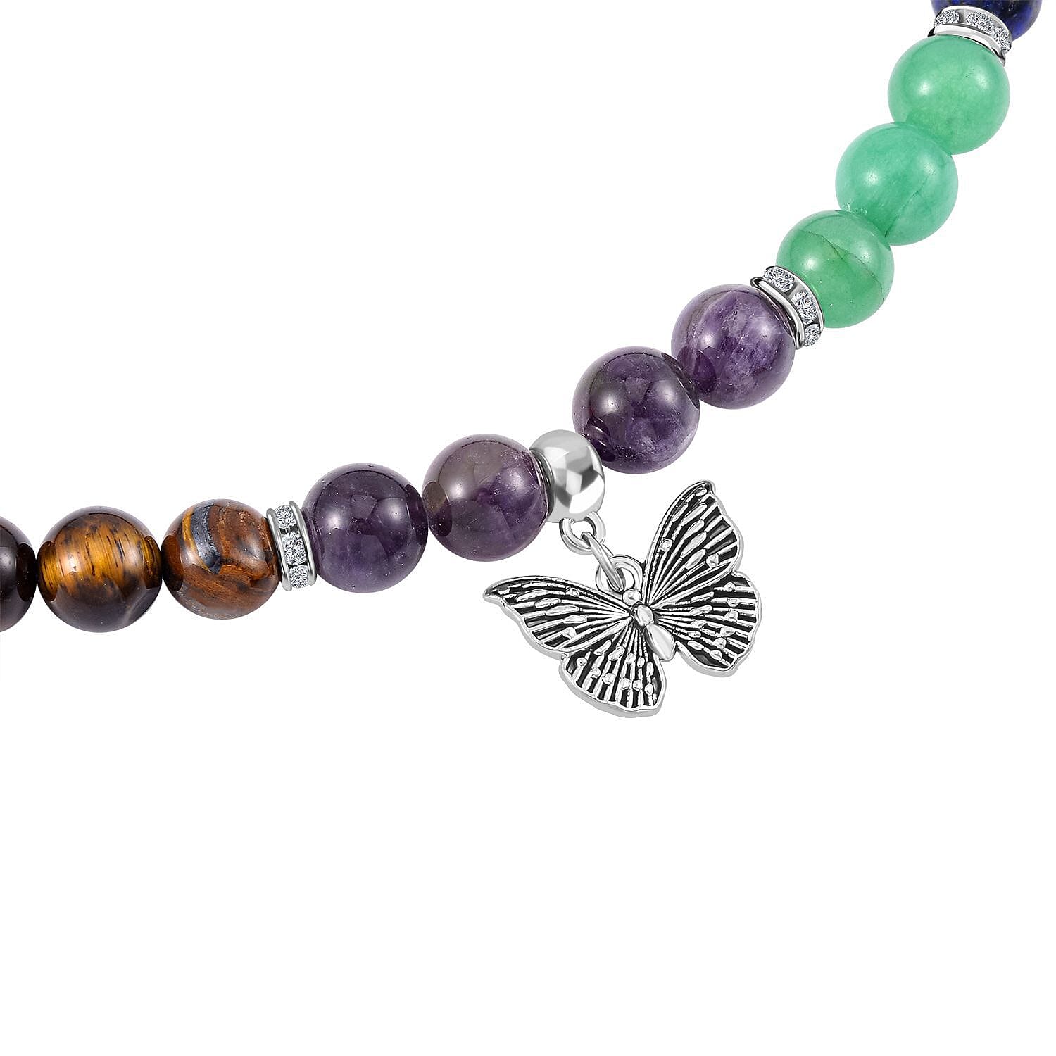 Set of 2 - Multi Gemstones 7 Chakras Butterfly Charm Necklace (Size - 18-2 Ext) & Stretchable Bracelet (Size - 7.5) in Silver Tone 297.50 Ct.