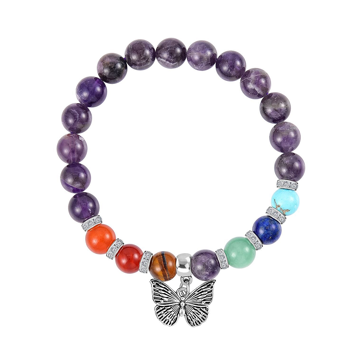 Set of 2 - Multi Gemstones 7 Chakras Butterfly Charm Necklace (Size - 18-2 Ext) & Stretchable Bracelet (Size - 7.5) in Silver Tone 297.50 Ct.