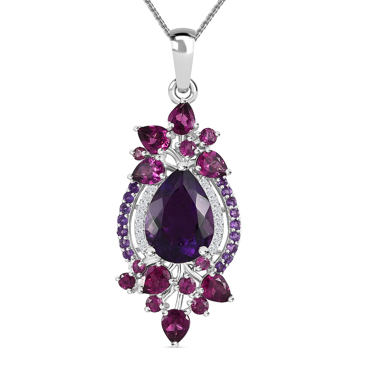 Amethyst, Rhodolite Garnet and Natural Zircon Pendant with Chain (Size 20) in Platinum Overlay Sterling Silver 8.56 Ct, Silver Wt. 5.42 Gms.