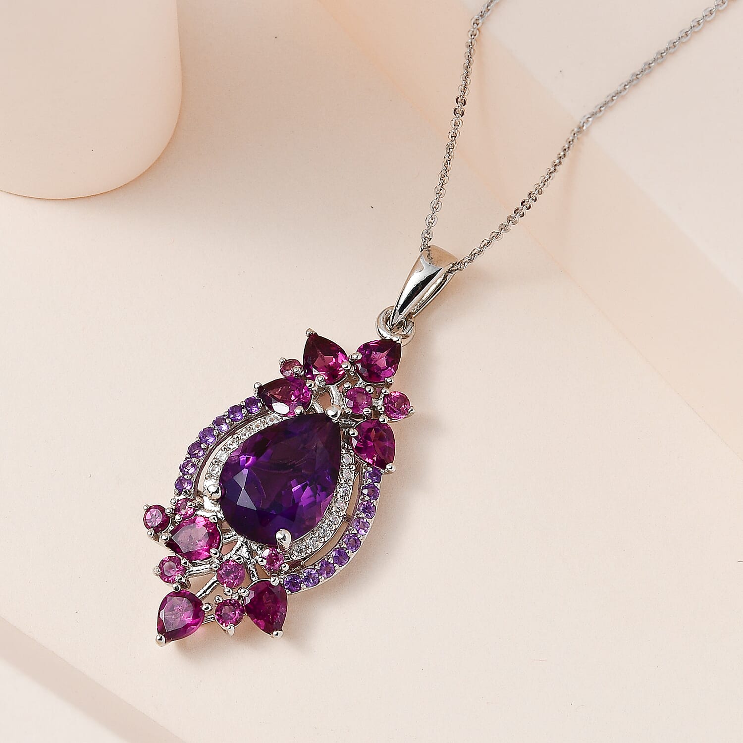 Amethyst, Rhodolite Garnet and Natural Zircon Pendant with Chain (Size 20) in Platinum Overlay Sterling Silver 8.56 Ct, Silver Wt. 5.42 Gms.