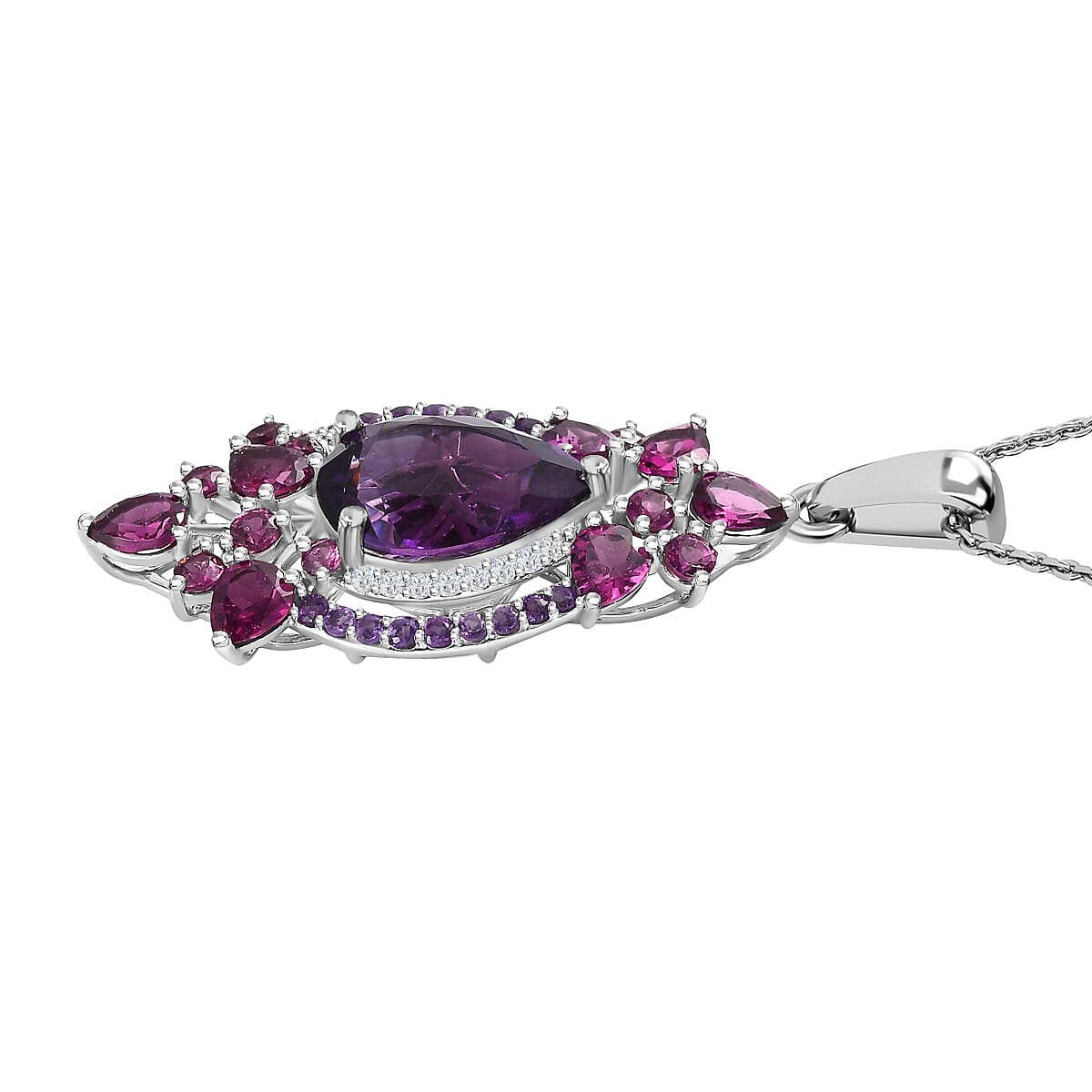 Amethyst, Rhodolite Garnet and Natural Zircon Pendant with Chain (Size 20) in Platinum Overlay Sterling Silver 8.56 Ct, Silver Wt. 5.42 Gms.