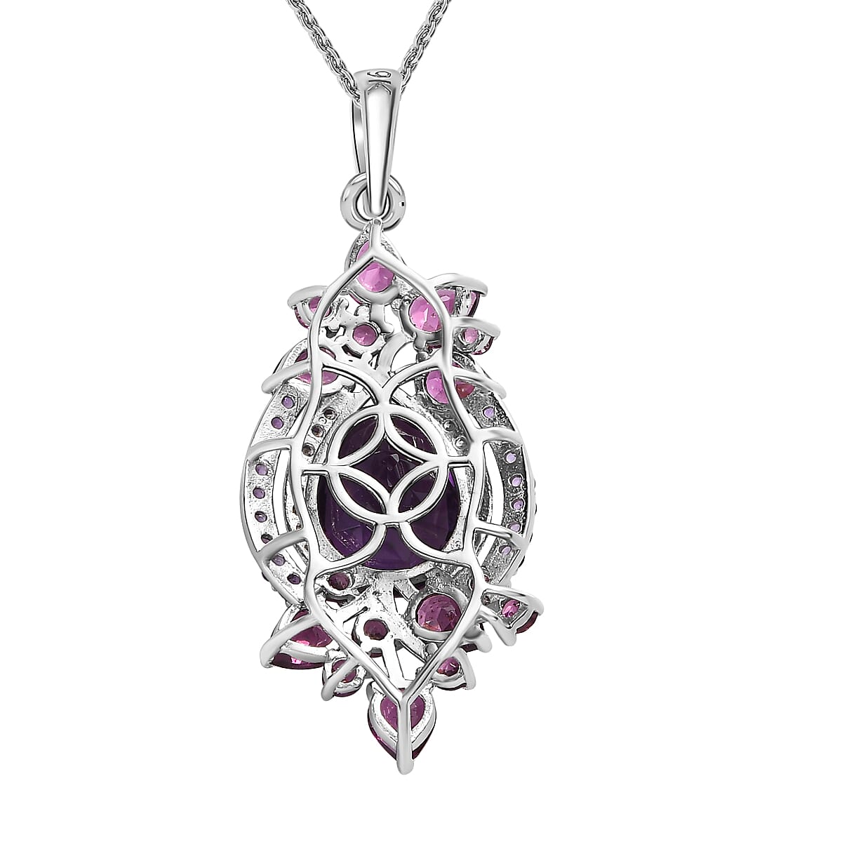 Amethyst, Rhodolite Garnet and Natural Zircon Pendant with Chain (Size 20) in Platinum Overlay Sterling Silver 8.56 Ct, Silver Wt. 5.42 Gms.