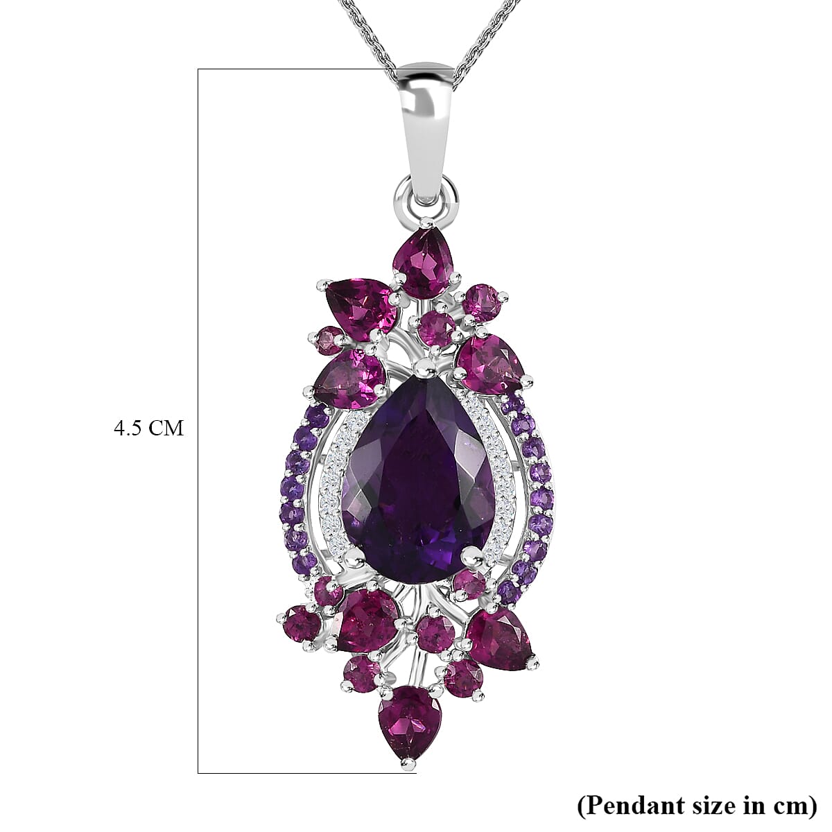 Amethyst, Rhodolite Garnet and Natural Zircon Pendant with Chain (Size 20) in Platinum Overlay Sterling Silver 8.56 Ct, Silver Wt. 5.42 Gms.