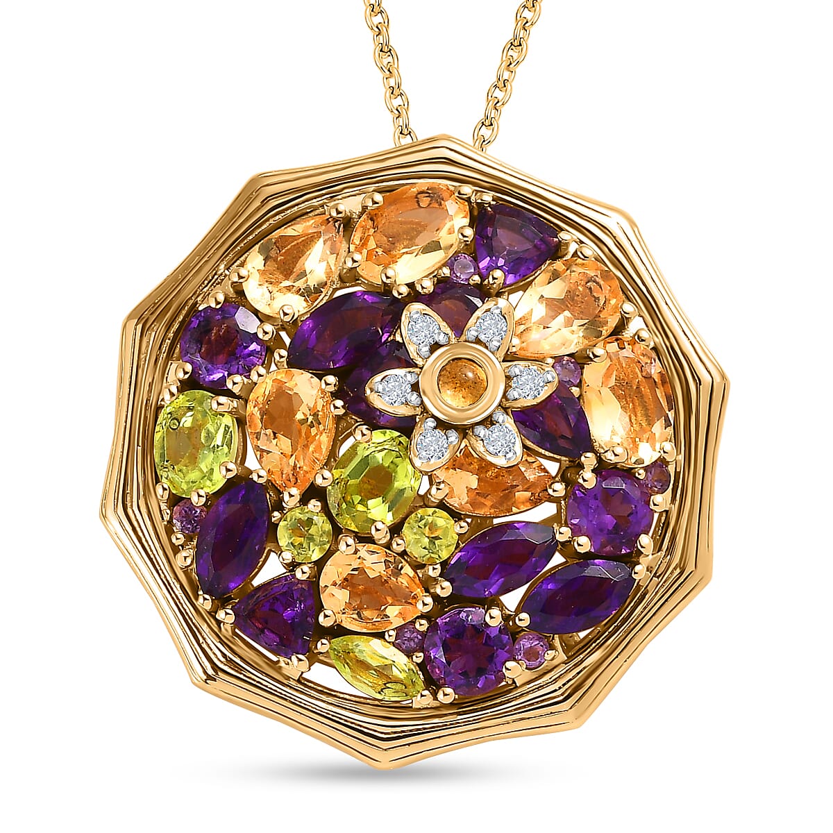 GP- Bamboo Collection - Citrine and Multi Gemstone Pendant with Chain (Size 20) in 18K Yellow Gold Vermeil Plated Sterling Silver 6.84 Ct