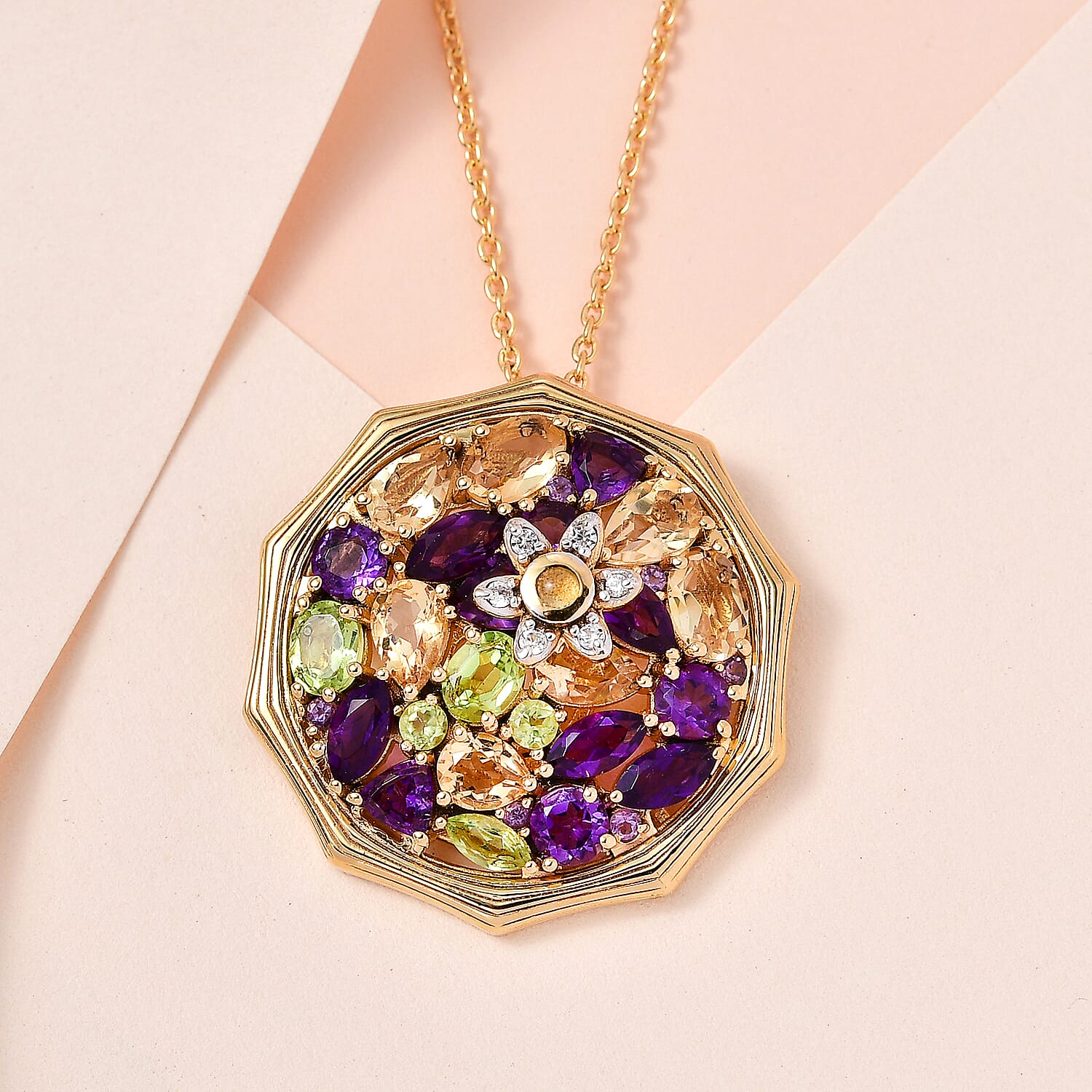 GP- Bamboo Collection - Citrine and Multi Gemstone Pendant with Chain (Size 20) in 18K Yellow Gold Vermeil Plated Sterling Silver 6.84 Ct