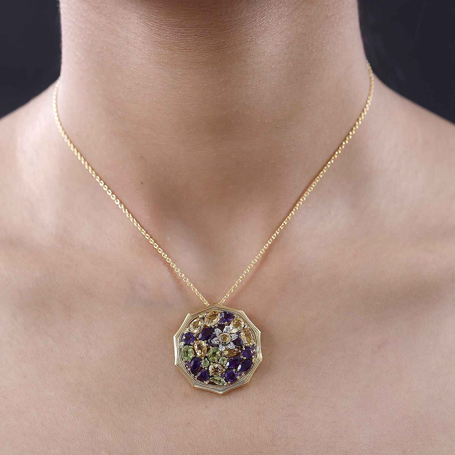 GP- Bamboo Collection - Citrine and Multi Gemstone Pendant with Chain (Size 20) in 18K Yellow Gold Vermeil Plated Sterling Silver 6.84 Ct