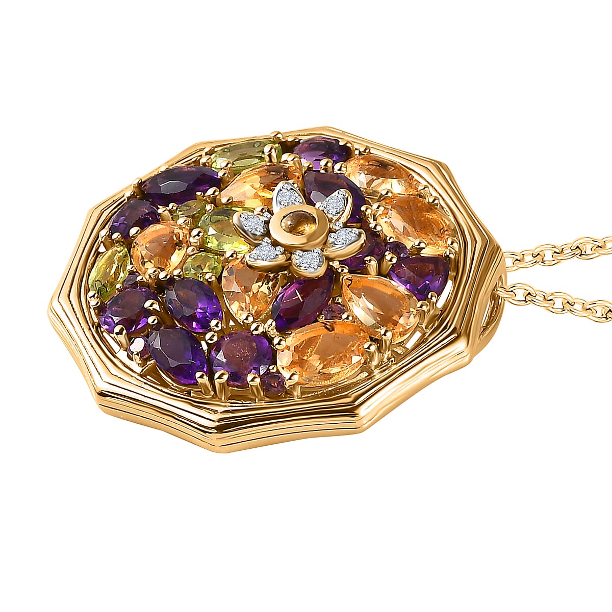 GP- Bamboo Collection - Citrine and Multi Gemstone Pendant with Chain (Size 20) in 18K Yellow Gold Vermeil Plated Sterling Silver 6.84 Ct