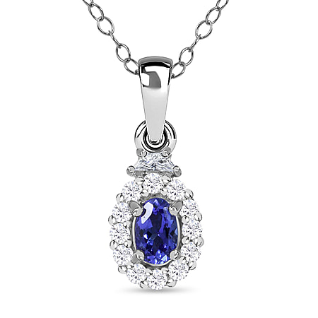 Tanzanite and Natural Zircon Halo Pendant with Chain in Rhodium Overlay Sterling Silver
