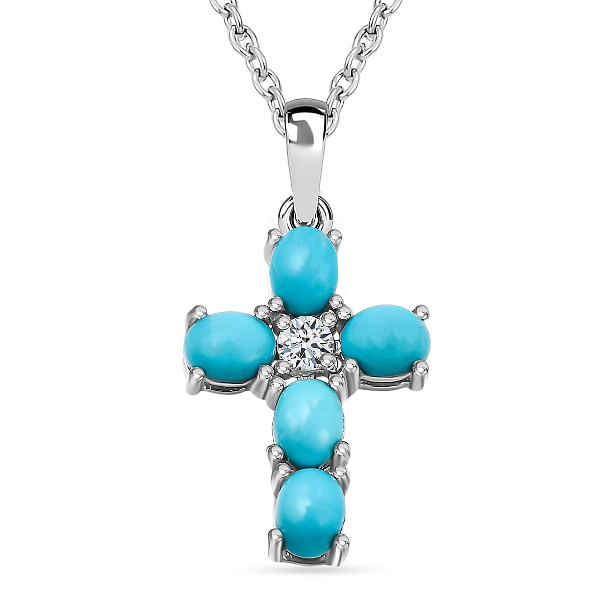 Arizona Sleeping Beauty Turquoise and Natural Zircon Cross Pendant in Platinum Overlay Sterling Silver with Stainless Steel Chain (Size-20)