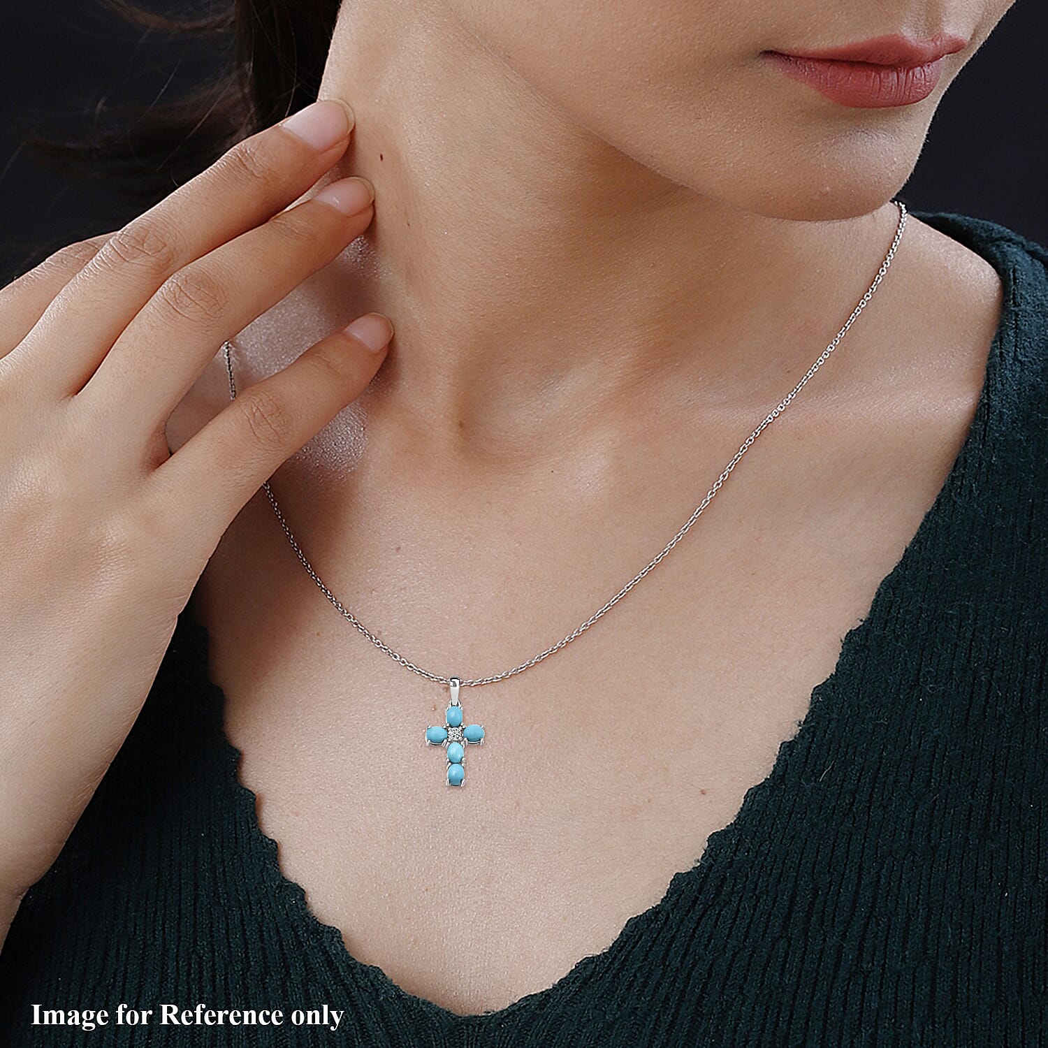 Arizona Sleeping Beauty Turquoise and Natural Zircon Cross Pendant in Platinum Overlay Sterling Silver with Stainless Steel Chain (Size-20)