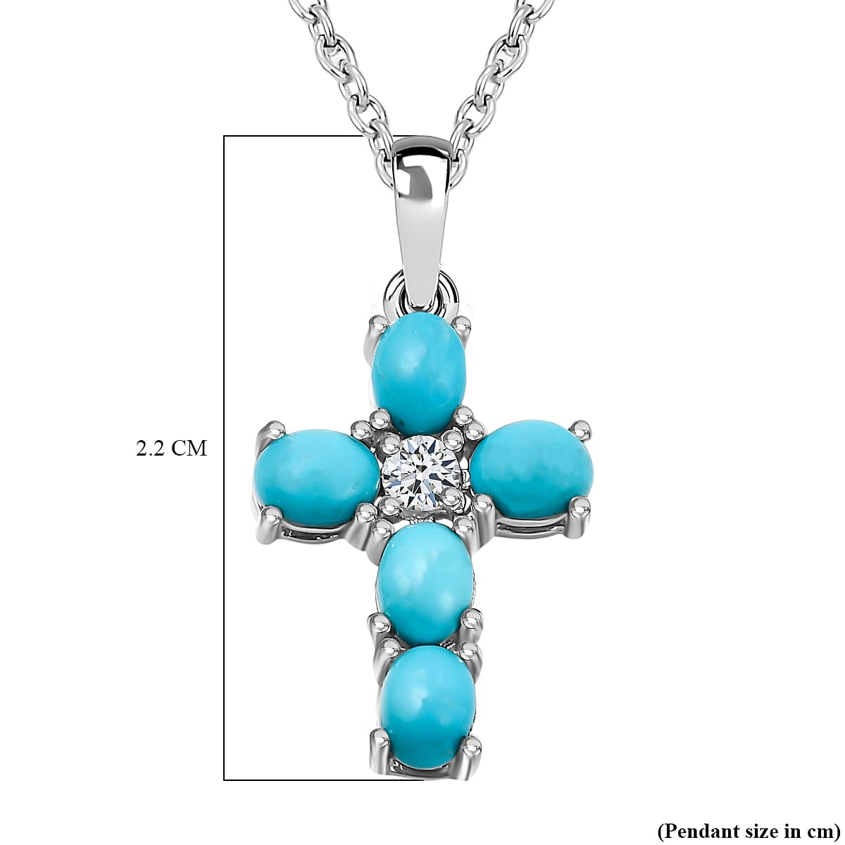 Arizona Sleeping Beauty Turquoise and Natural Zircon Cross Pendant in Platinum Overlay Sterling Silver with Stainless Steel Chain (Size-20)