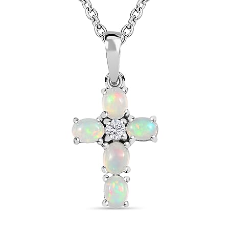 Ethiopian Opal, White Zircon Pendant with Chain (Size 20) in Platinum Overlay Sterling Silver 0.10 ct 0.850 Ct. Ethiopian Opal, White Zircon Pendant with Chain (Size 20) in Platinum Overlay Sterling Silver 0.10 ct 0.850 Ct.