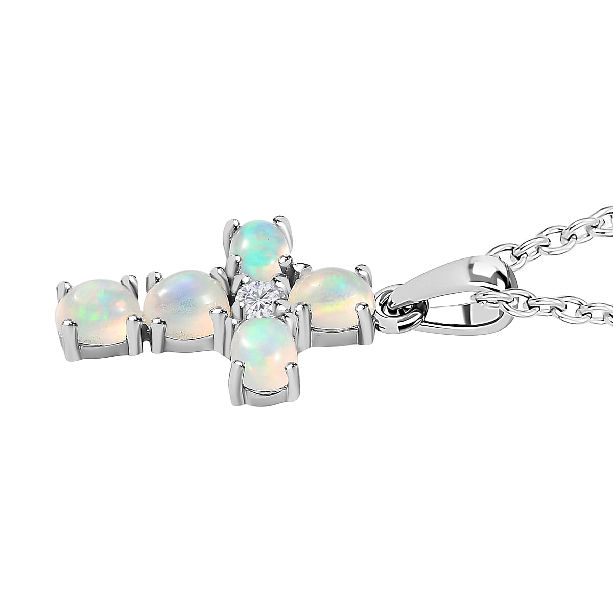 Ethiopian Welo Opal & Natural Zircon Cross Pendant with Chain (Size 20) in Platinum Overlay Sterling Silver