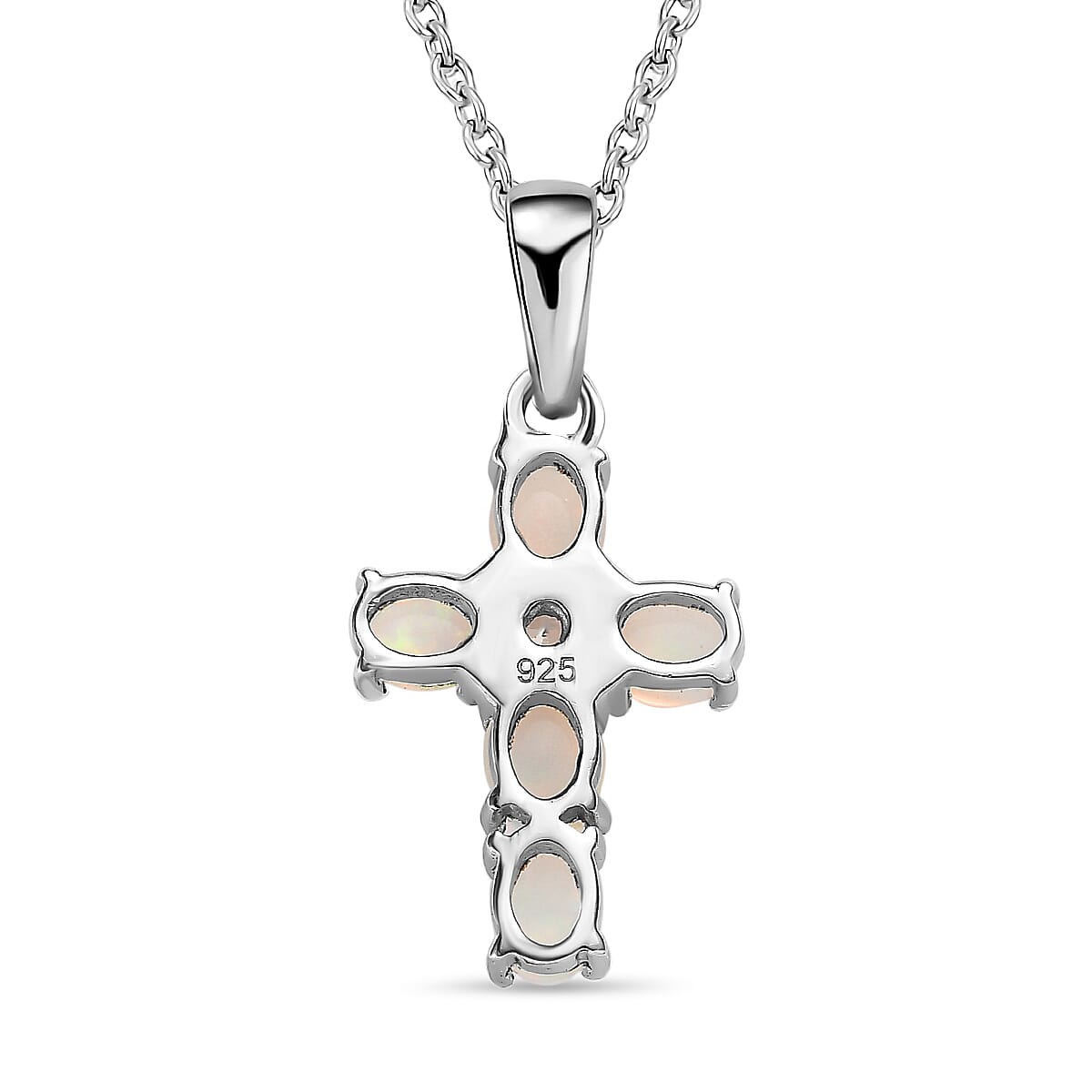 Ethiopian Welo Opal & Natural Zircon Cross Pendant with Chain (Size 20) in Platinum Overlay Sterling Silver