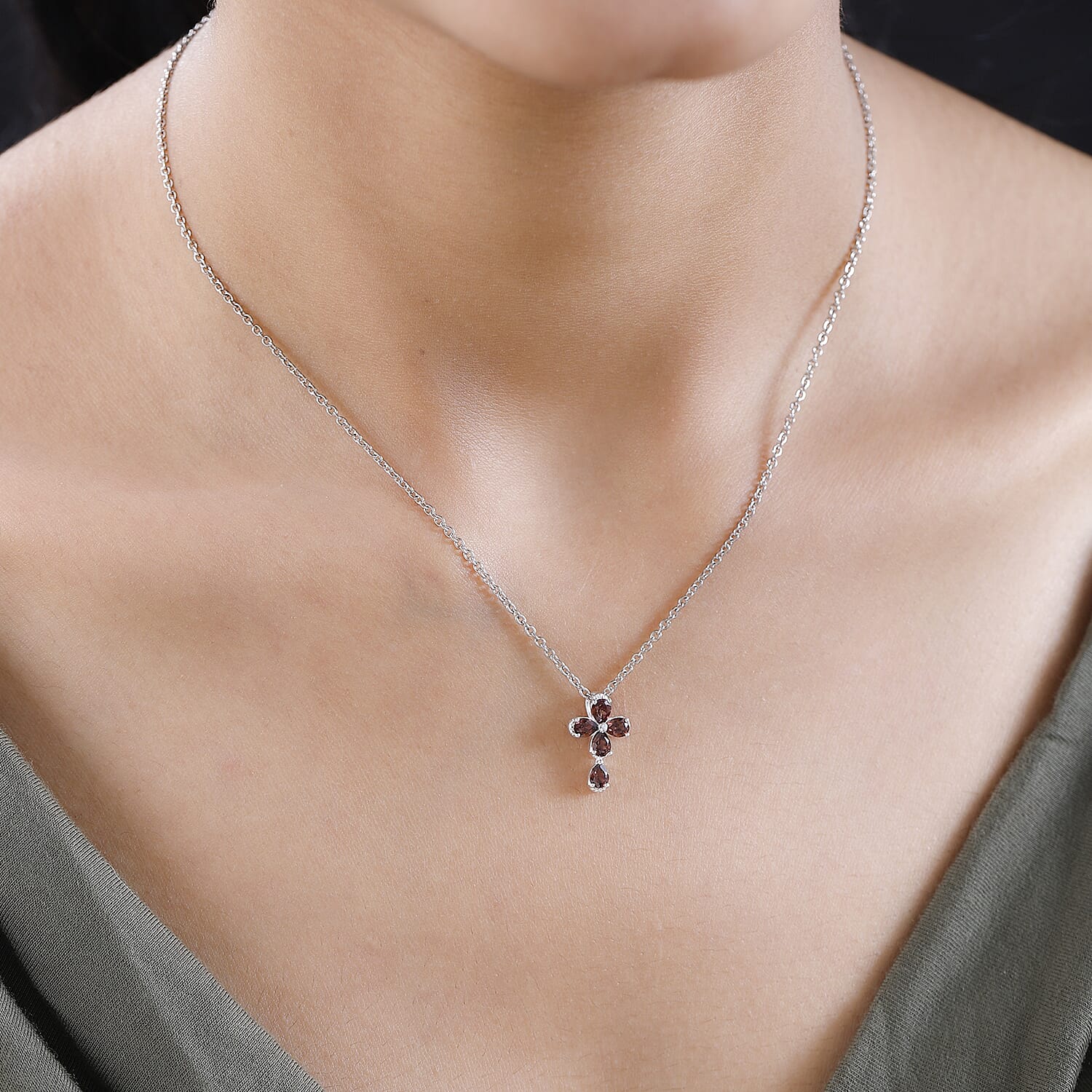 Raspberry Zircon Sterling Silver Cross Pendant with Stainless Steel Chain (Size 20) 1.30 Ct