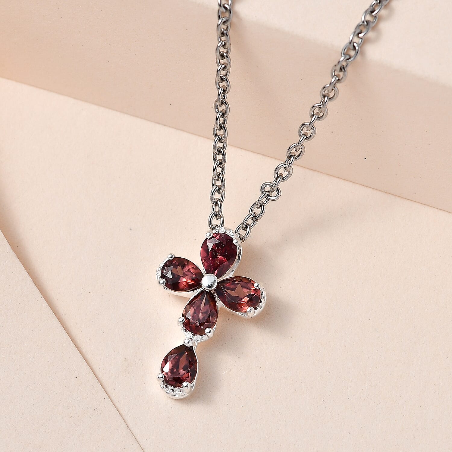 Raspberry Zircon Sterling Silver Cross Pendant with Stainless Steel Chain (Size 20) 1.30 Ct