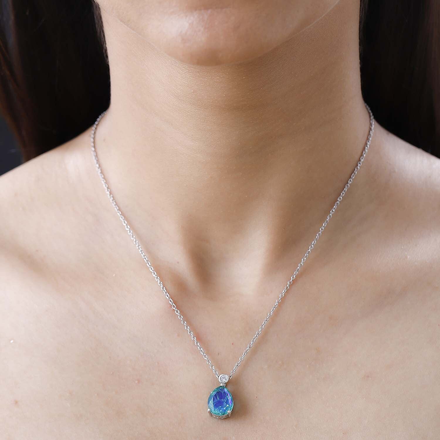 Peacock Triplet Quartz & Natural Zircon Platinum Overlay Sterling Silver Pendant with Stainless Steel Chain (Size 20)