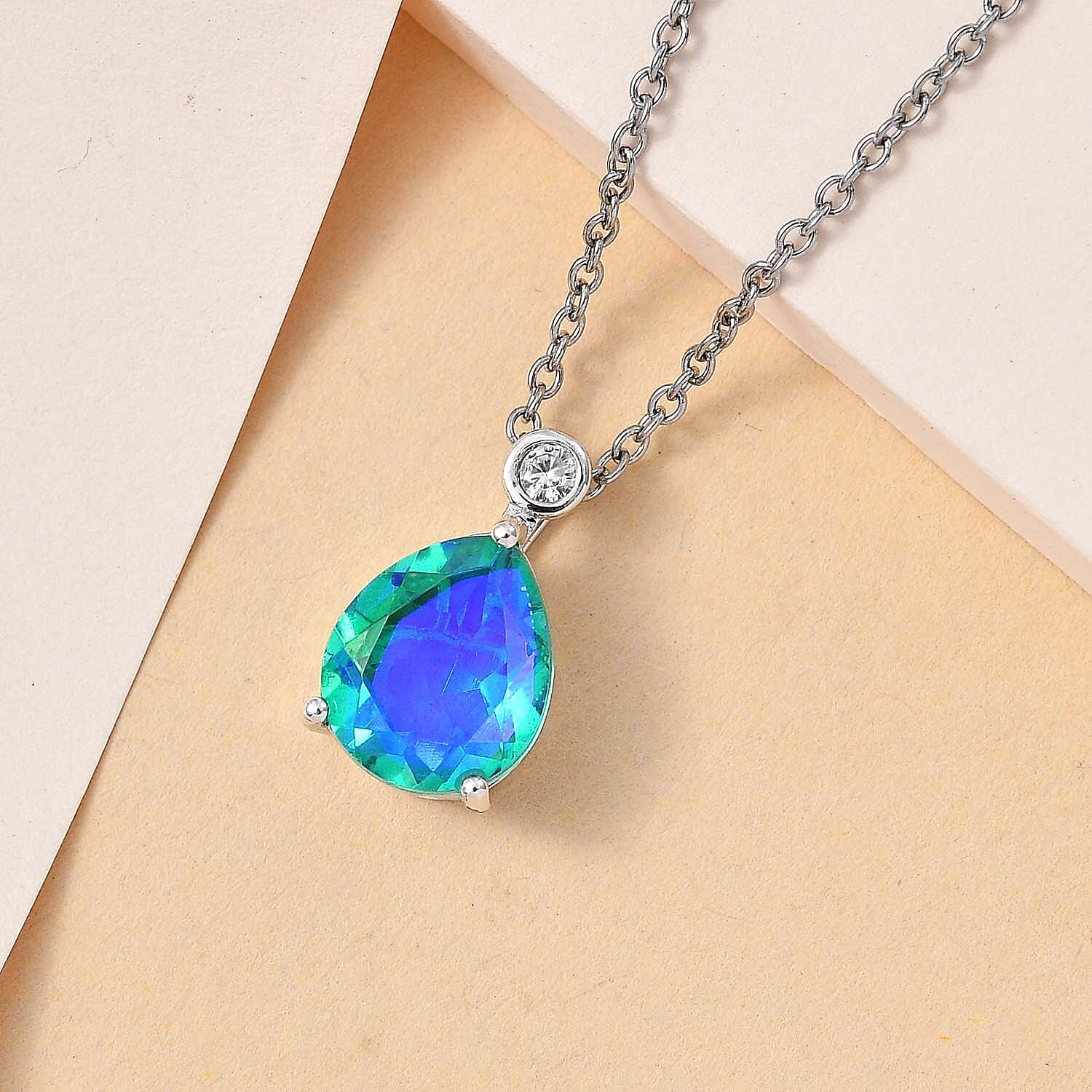 Peacock Triplet Quartz & Natural Zircon Platinum Overlay Sterling Silver Pendant with Stainless Steel Chain (Size 20)