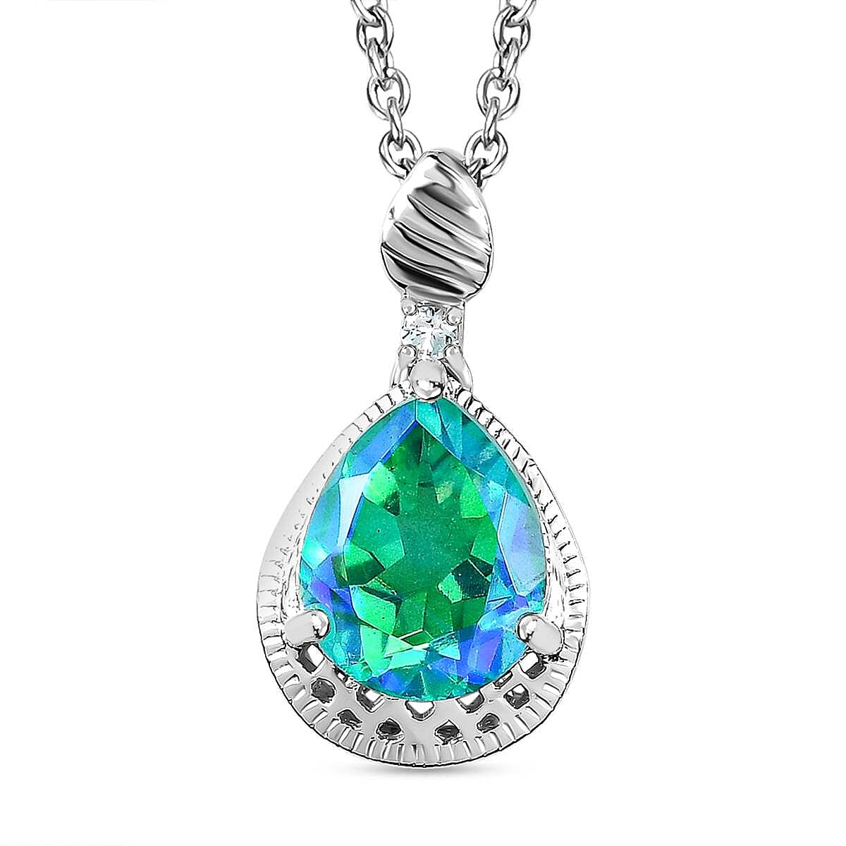 Peacock Quartz & Blue Zircon Platinum Overlay Sterling Silver Pendant with Stainless Steel Chain (Size 20) 3.05 Ct.
