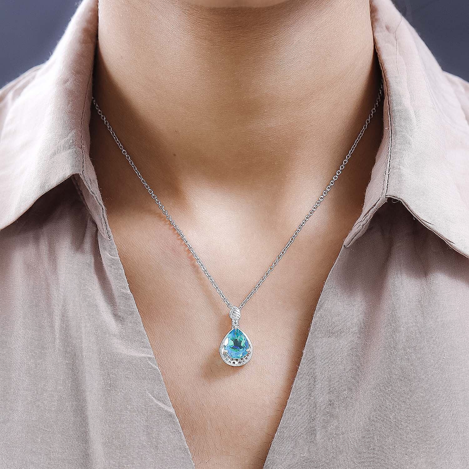 Peacock Quartz & Blue Zircon Platinum Overlay Sterling Silver Pendant with Stainless Steel Chain (Size 20) 3.05 Ct.