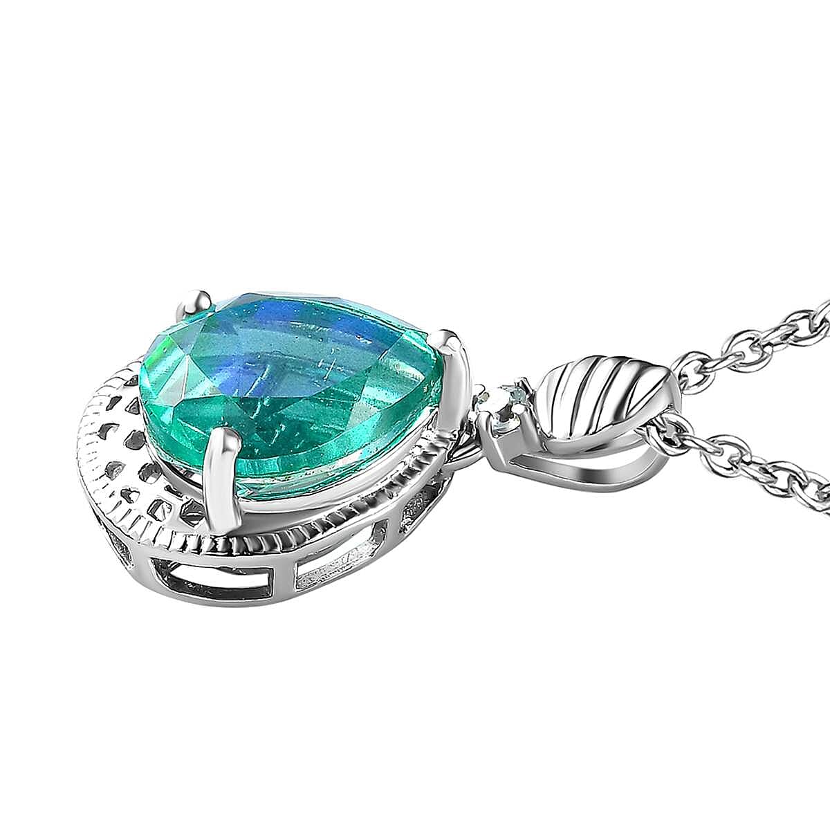 Peacock Quartz & Blue Zircon Platinum Overlay Sterling Silver Pendant with Stainless Steel Chain (Size 20) 3.05 Ct.