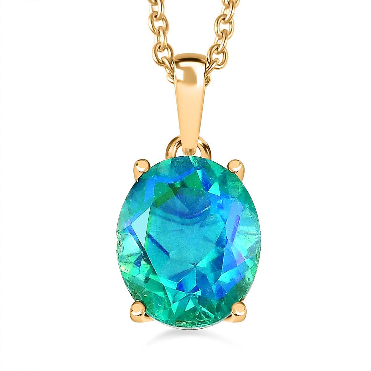 Peacock Quartz in 18K Vermeil Yellow Gold Plated Sterling Silver Solitaire Pendant with Stainless Steel Chain (Size 20) 3.17 Ct, Silver Wt. 5.11 GM