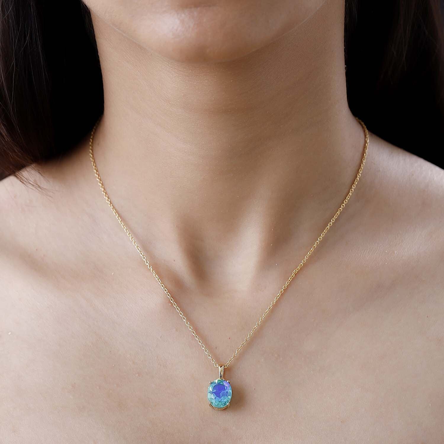 Peacock Quartz in 18K Vermeil Yellow Gold Plated Sterling Silver Solitaire Pendant with Stainless Steel Chain (Size 20) 3.17 Ct, Silver Wt. 5.11 GM