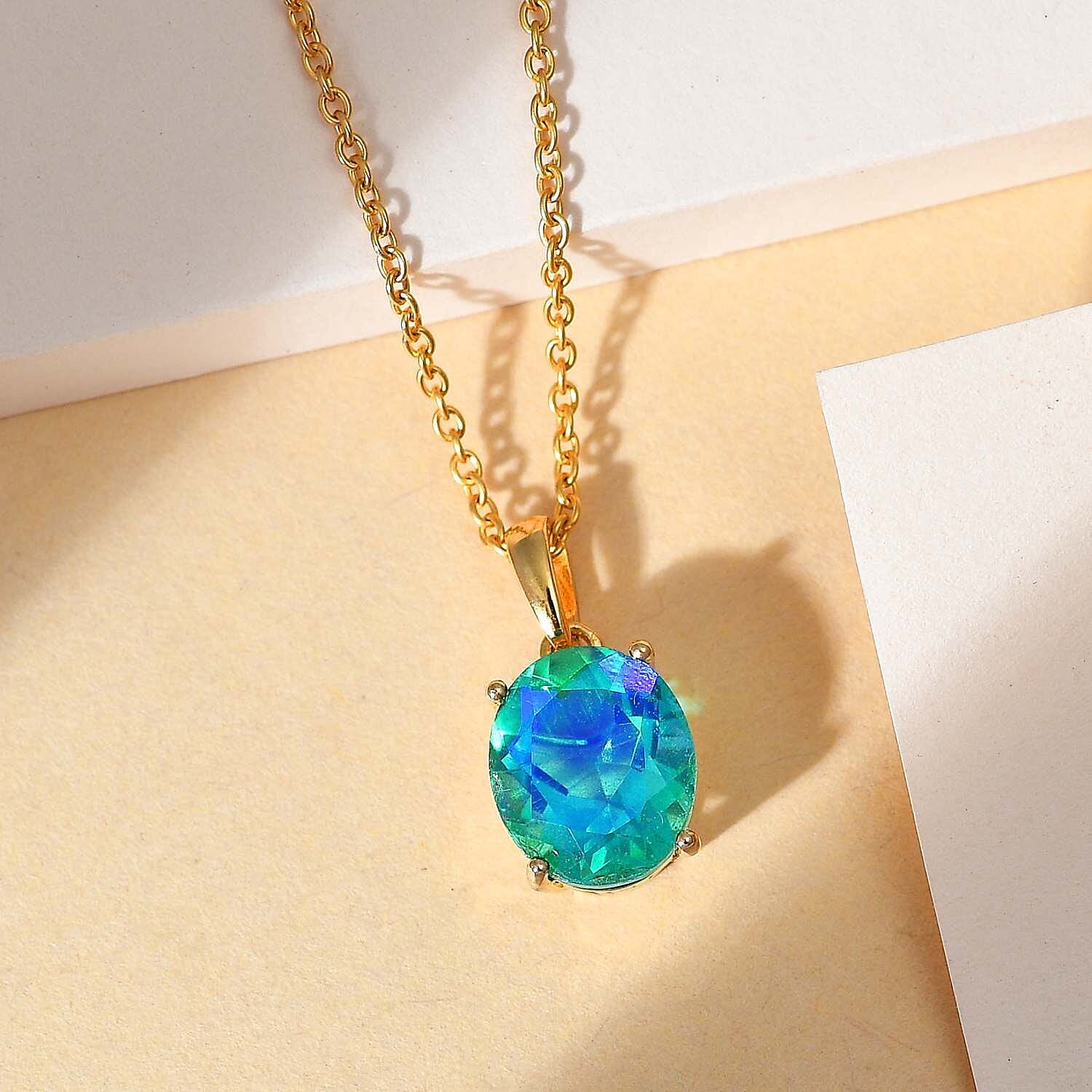 Peacock Quartz in 18K Vermeil Yellow Gold Plated Sterling Silver Solitaire Pendant with Stainless Steel Chain (Size 20) 3.17 Ct, Silver Wt. 5.11 GM