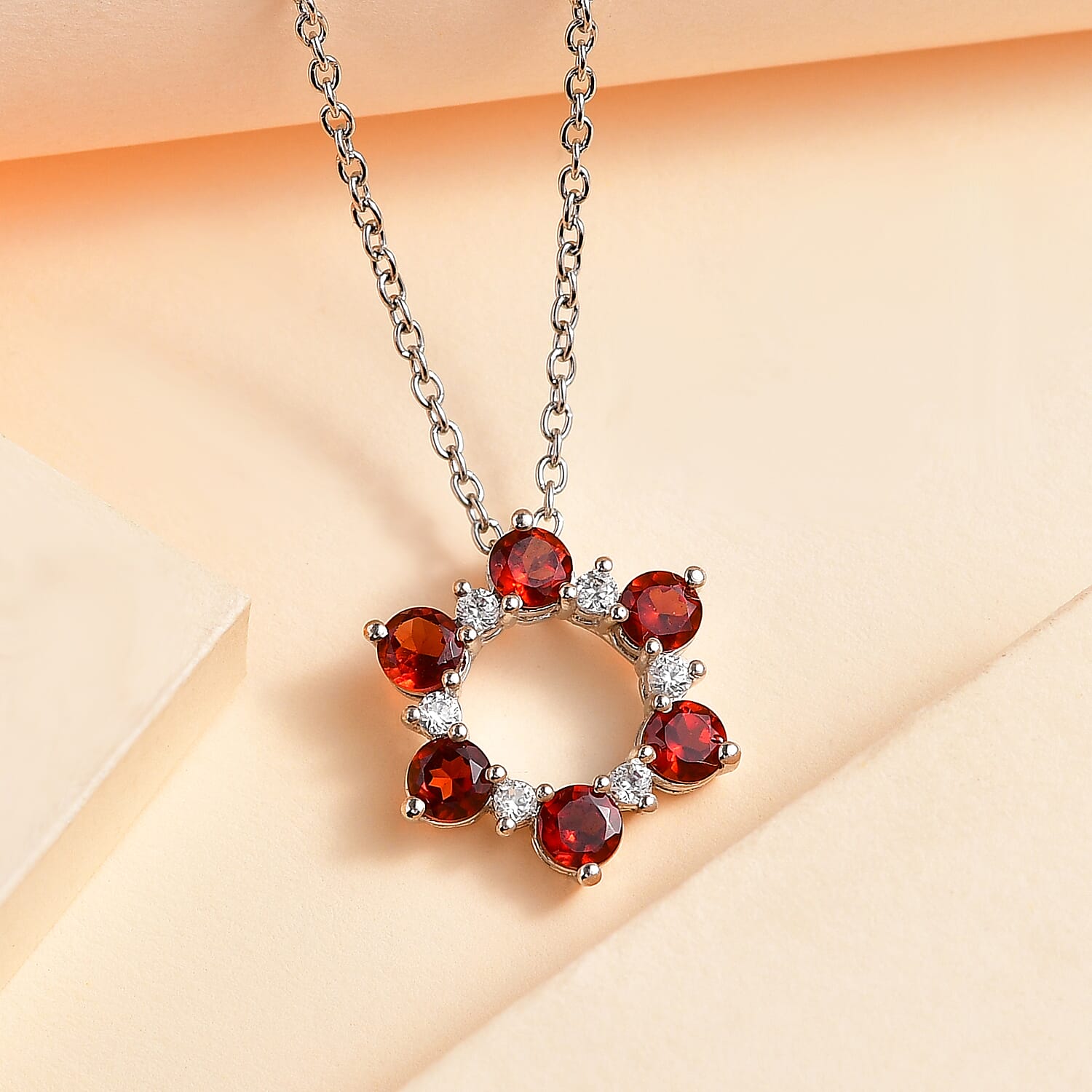 Red Garnet & Natural Zircon Platinum Overlay Sterling Silver Pendant with Chain (Size - 20) 2.25 Ct.