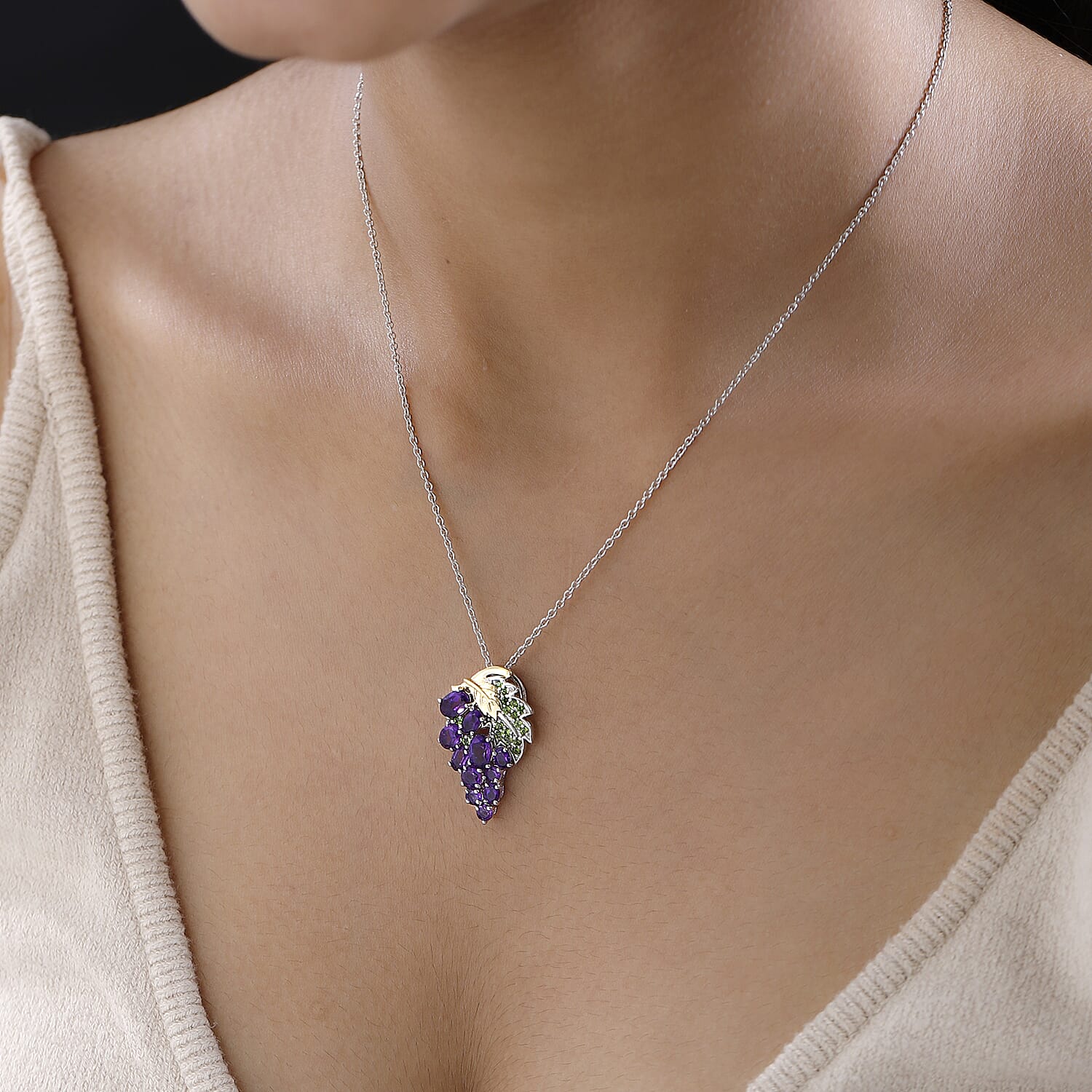 GP Italian Garden Collection - Amethyst & Multi Gemstone Grape Pendant with Chain (Size 20) in Platinum Overlay Sterling Silver 3.14 Ct, Silver Wt. 5.80 Gms