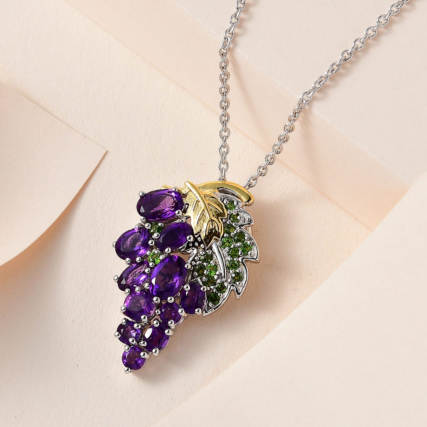 GP Italian Garden Collection - Amethyst & Multi Gemstone Grape Pendant with Chain (Size 20) in Platinum Overlay Sterling Silver 3.14 Ct, Silver Wt. 5.80 Gms