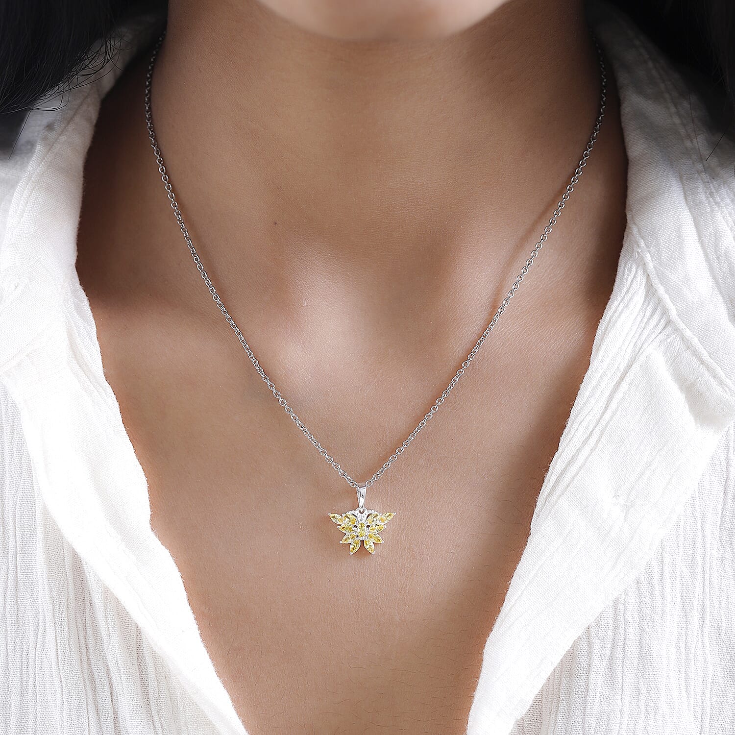 Simulated Yellow Sapphire Sterling Silver Butterfly Pendant with Chain (Size 20) 1.16 Ct.