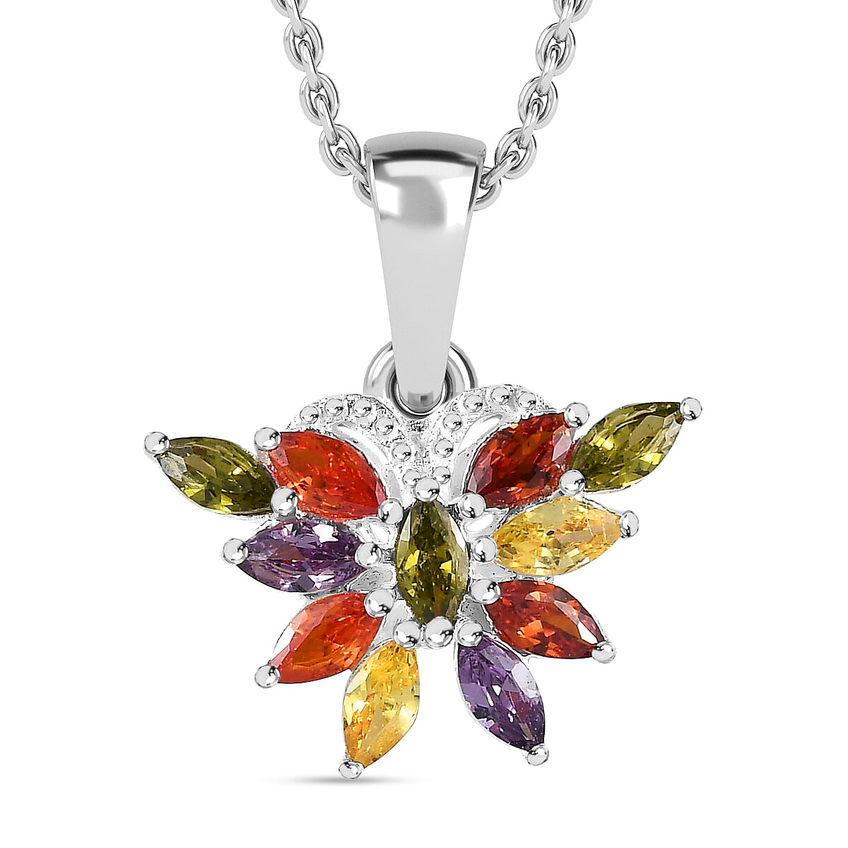 Simulated Multi Gemstone Sterling Silver Floral Pendant with Stainless Steel Chain (Size 20)