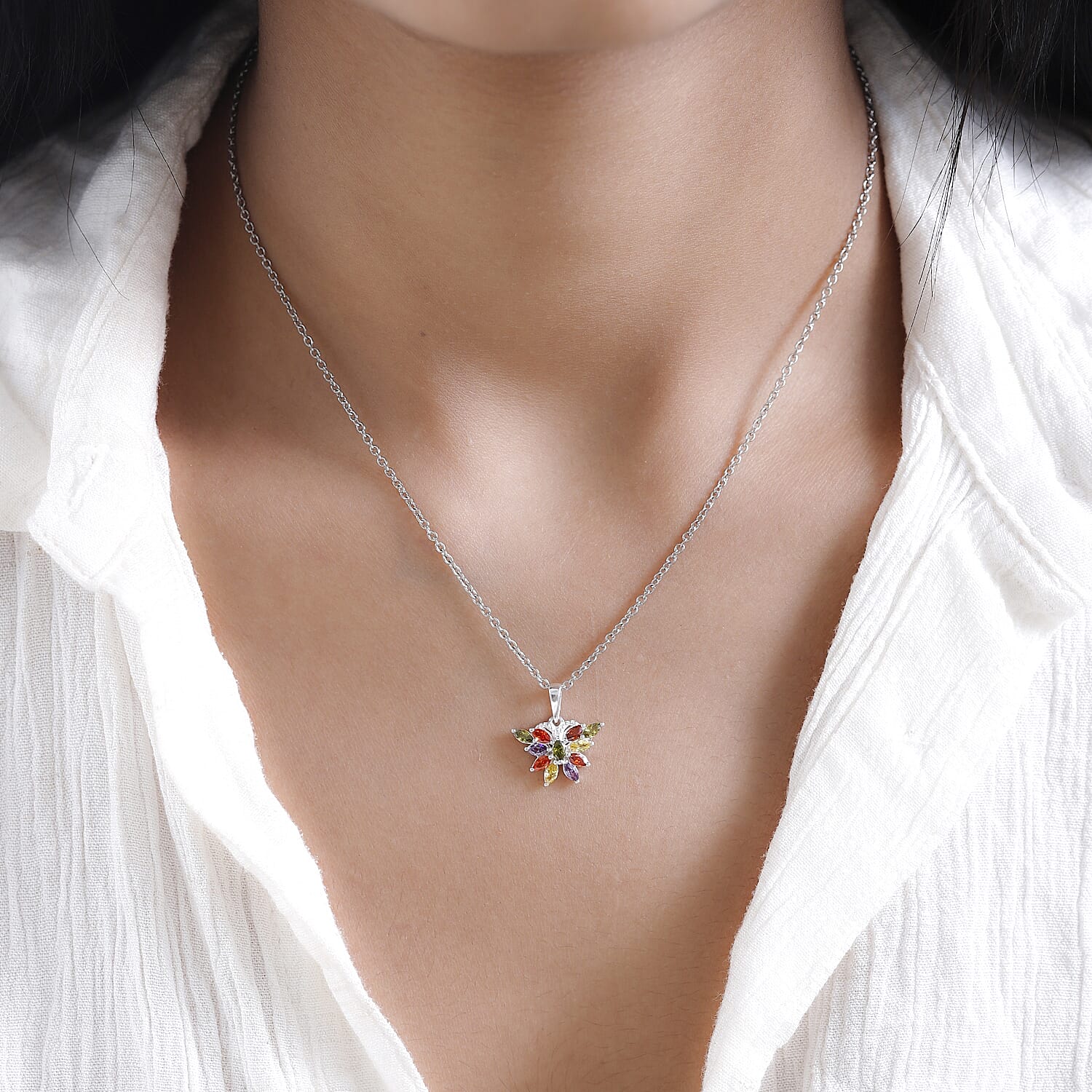 Simulated Multi Gemstone Sterling Silver Floral Pendant with Stainless Steel Chain (Size 20)