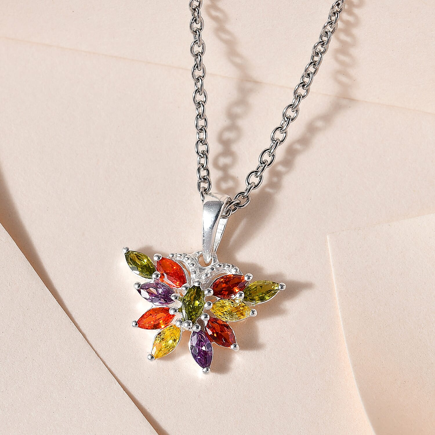 Simulated Multi Gemstone Sterling Silver Floral Pendant with Stainless Steel Chain (Size 20)