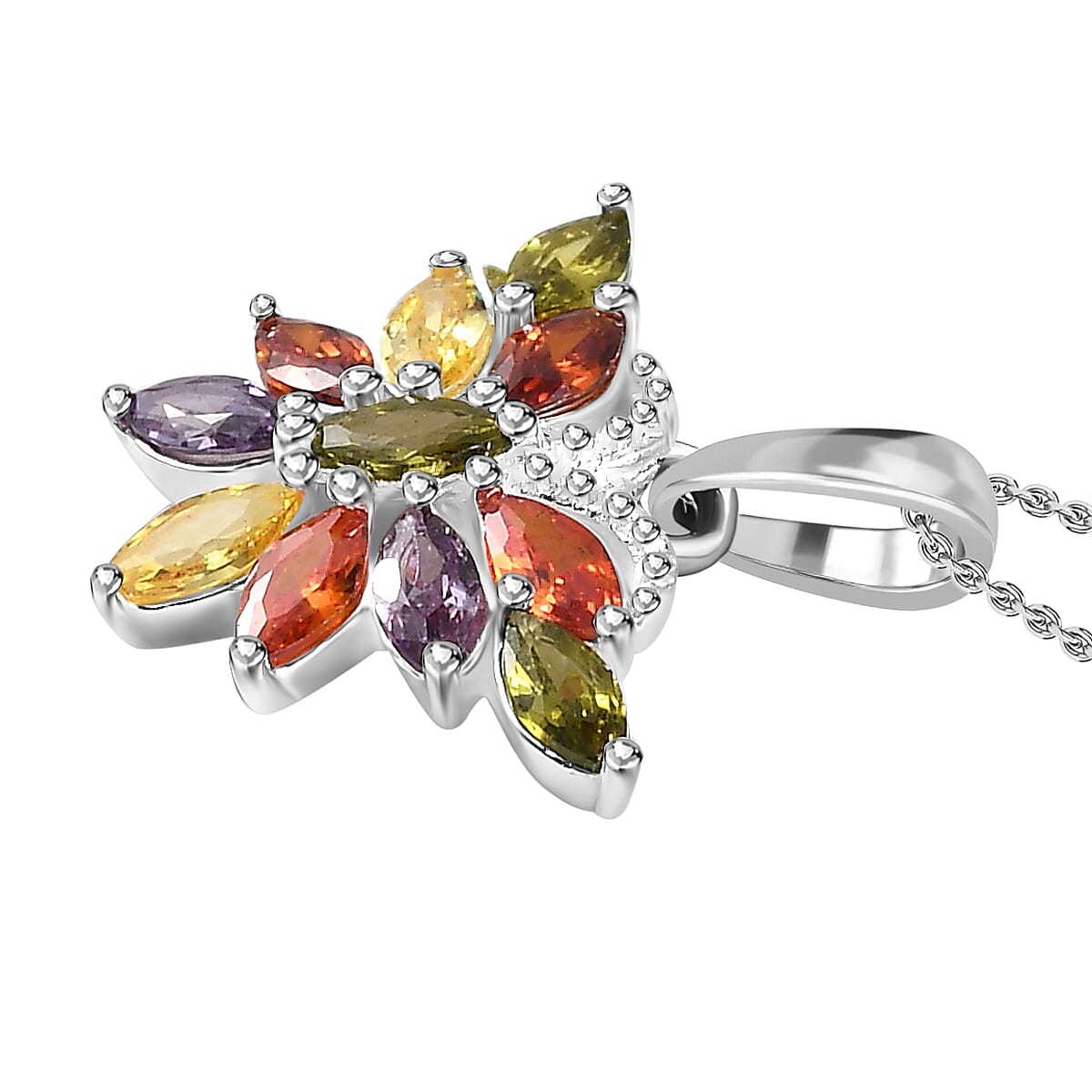 Simulated Multi Gemstone Sterling Silver Floral Pendant with Stainless Steel Chain (Size 20)