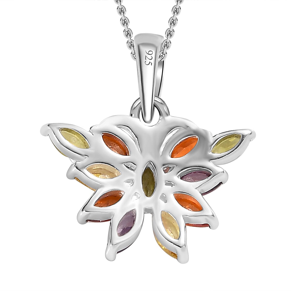 Simulated Multi Gemstone Sterling Silver Floral Pendant with Stainless Steel Chain (Size 20)