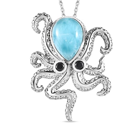 GP Sea Life Collection - Larimar and Boi Ploi Black Spinel Octopus Pendant with Chain (Size 20) in Platinum Overlay Sterling Silver 6.70 Ct