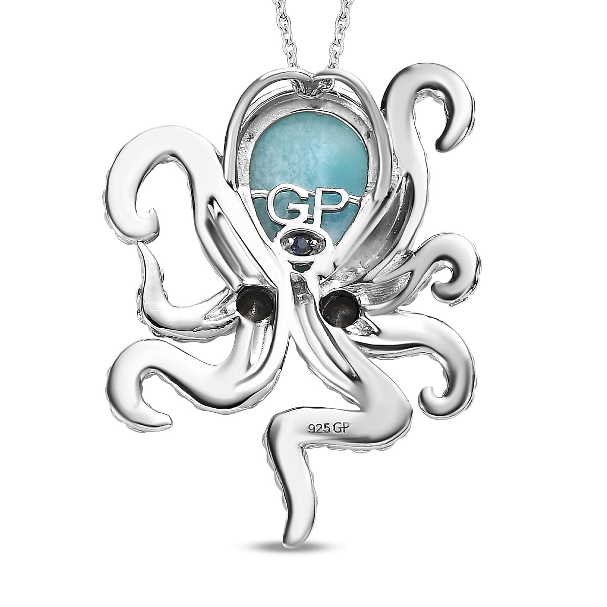 GP Sea Life Collection - Larimar & Boi Ploi Black Pendant with Chain (Size 20) in Platinum Overlay Sterling Silver 6.70 Ct GP Sea Life Collection - Larimar & Boi Ploi Black Pendant with Chain (Size 20) in Platinum Overlay Sterling Silver 6.70 Ct
