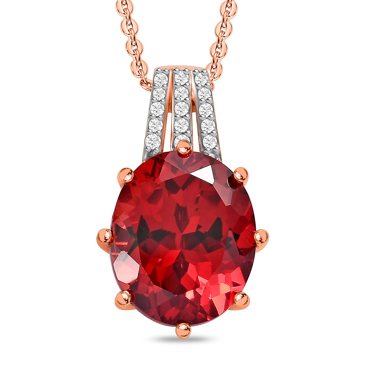 Lab Created Padparadscha Sapphire and Natural Zircon Pendant with Chain (Size 20) in Vermeil Rose Gold Plated Sterling Silver 7.08 Ct