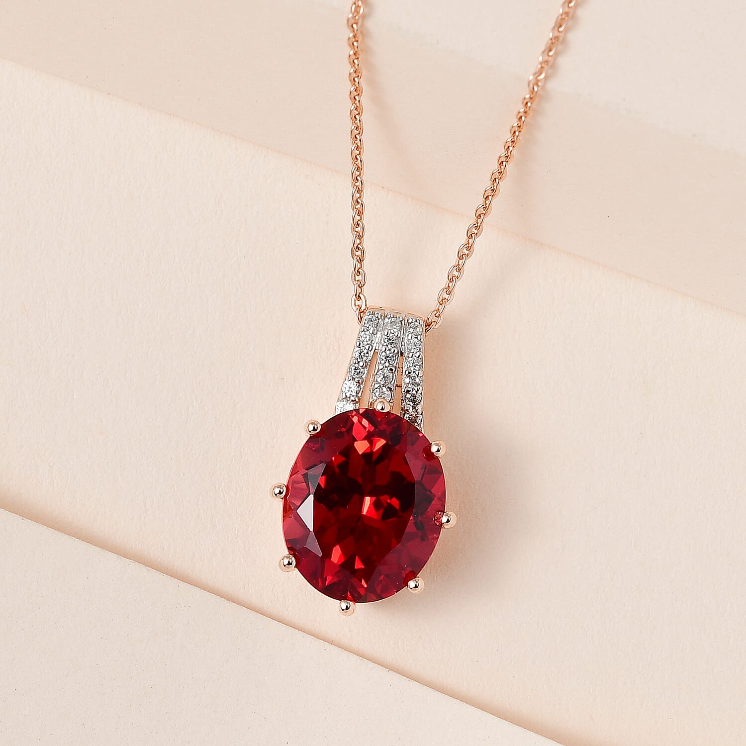 Lab Created Padparadscha Sapphire and Natural Zircon Pendant with Chain (Size 20) in Vermeil Rose Gold Plated Sterling Silver 7.08 Ct
