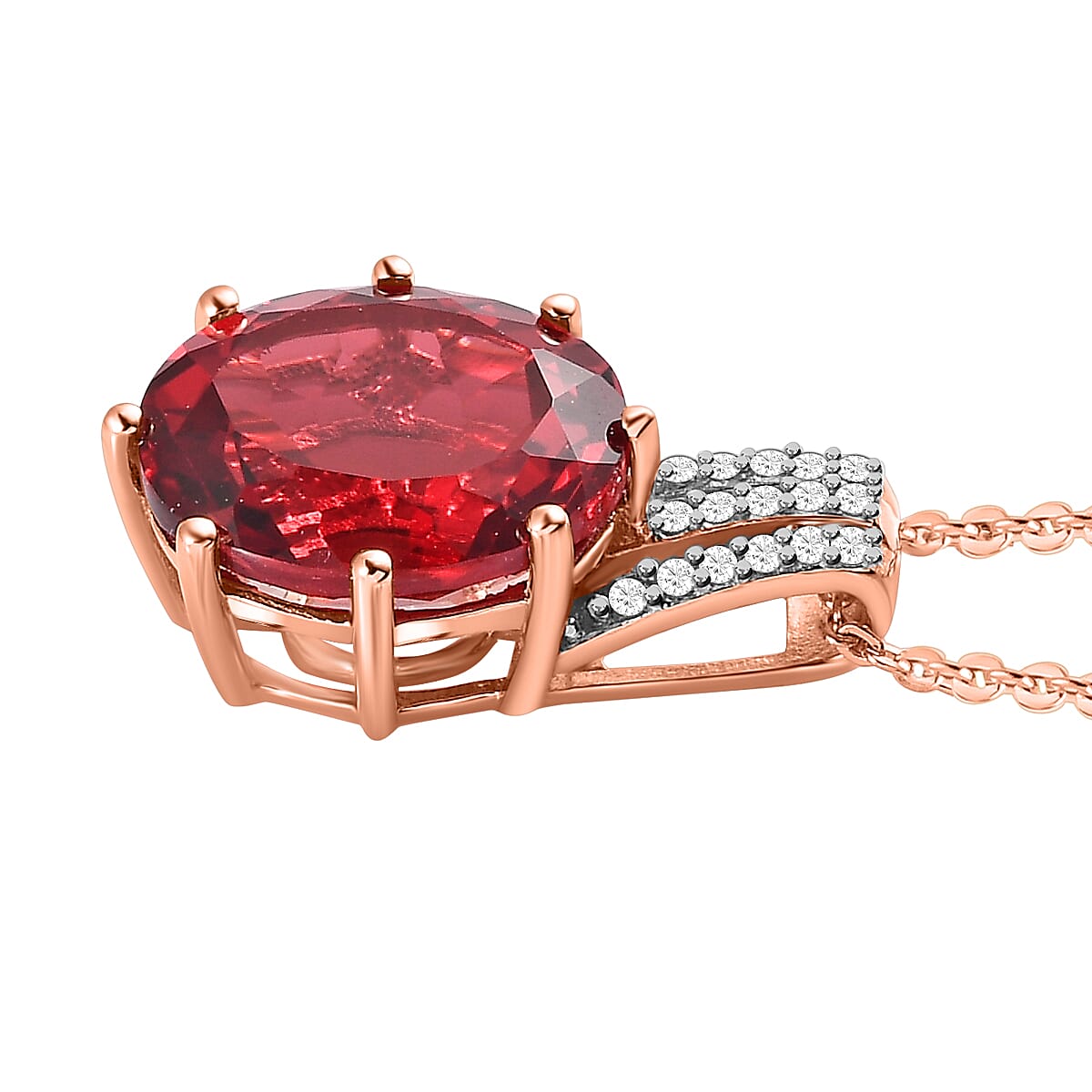 Lab Created Padparadscha Sapphire and Natural Zircon Pendant with Chain (Size 20) in Vermeil Rose Gold Plated Sterling Silver 7.08 Ct