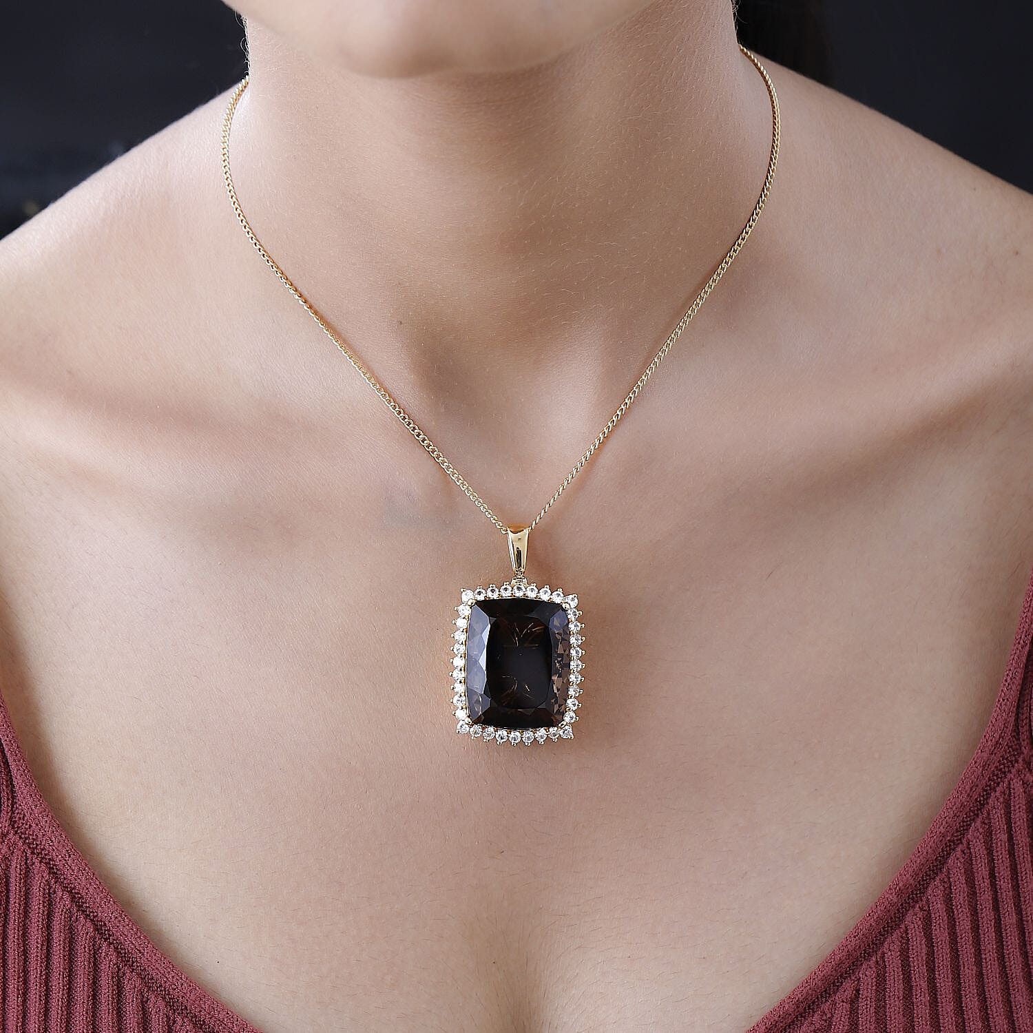 Smoky Quartz & Natural Zircon Pendant with Chain (Size-20) in 18K Yellow Gold Vermeil Plated Sterling Silver 64.60 Ct, Silver Wt 13.88 GM