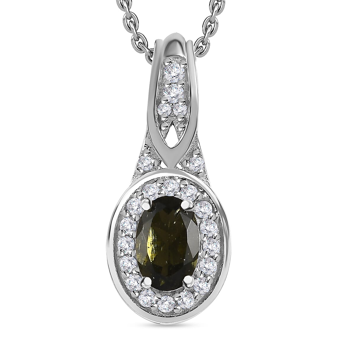 Moldavite & Natural Zircon Pendant with Chain (Size 20) in Platinum Overlay Sterling Silver 0.50 Ct.
